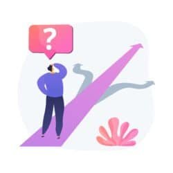 Un uomo indeciso si ferma davanti a un bivio di strade che si diramano. Un fumetto con un punto interrogativo incombe su di lui.