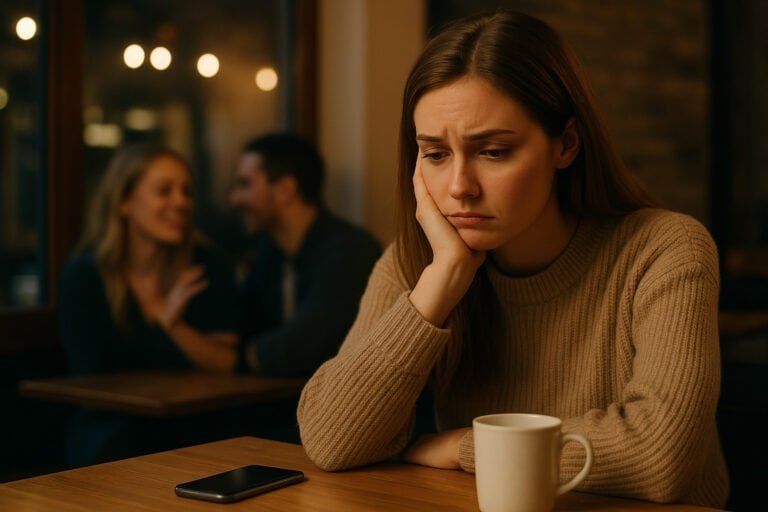 Donna triste al caffè con coppia sfocata sullo sfondo