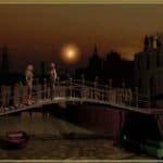Ponte e personaggi in ambiente stilizzato al tramonto