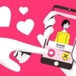 Mano scorre profilo app incontri su sfondo rosa