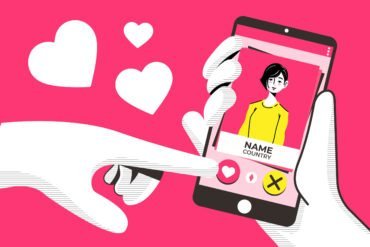 Mano scorre profilo app incontri su sfondo rosa