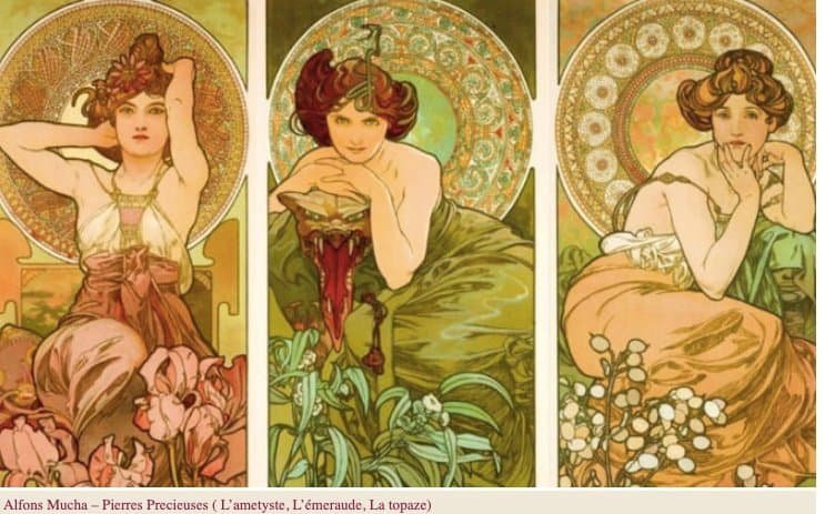 Tre poster vintage di Alfons Mucha, serie 'Pierres Precieuses'.