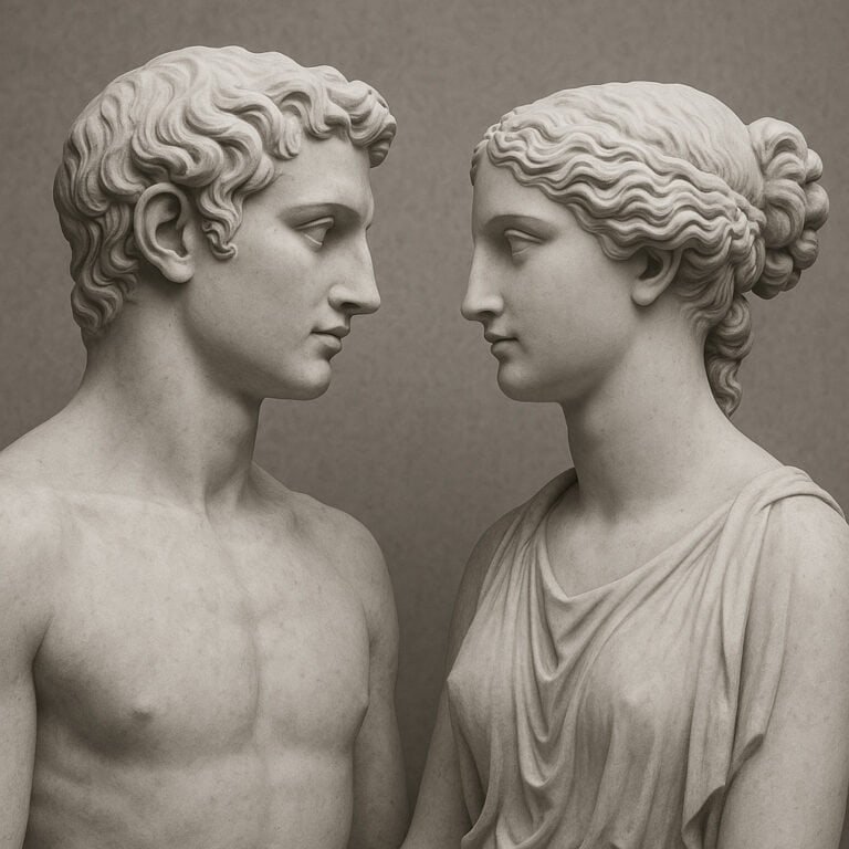 Scultura di uomo e donna in marmo, stile classico