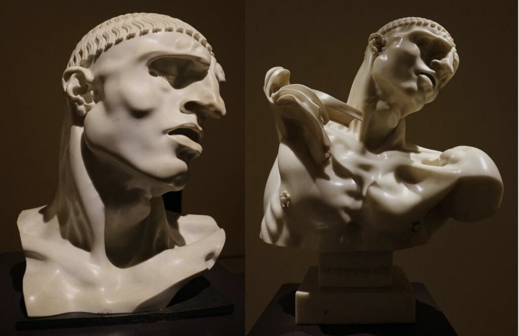 Scultura marmorea di uomo, dettaglio volto e busto