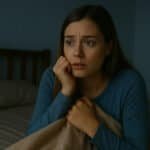 Donna preoccupata seduta sul letto di notte