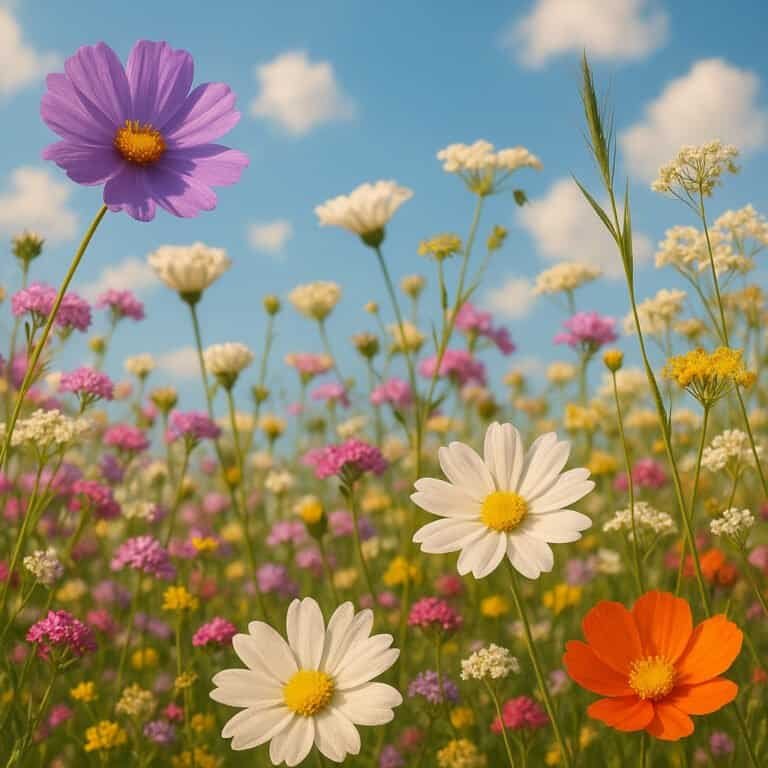 Prato fiorito colorato sotto cielo azzurro