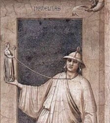 Affresco medievale con figura che regge una corda