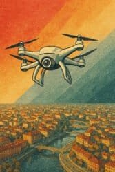 Drone vola su città vintage stilizzata