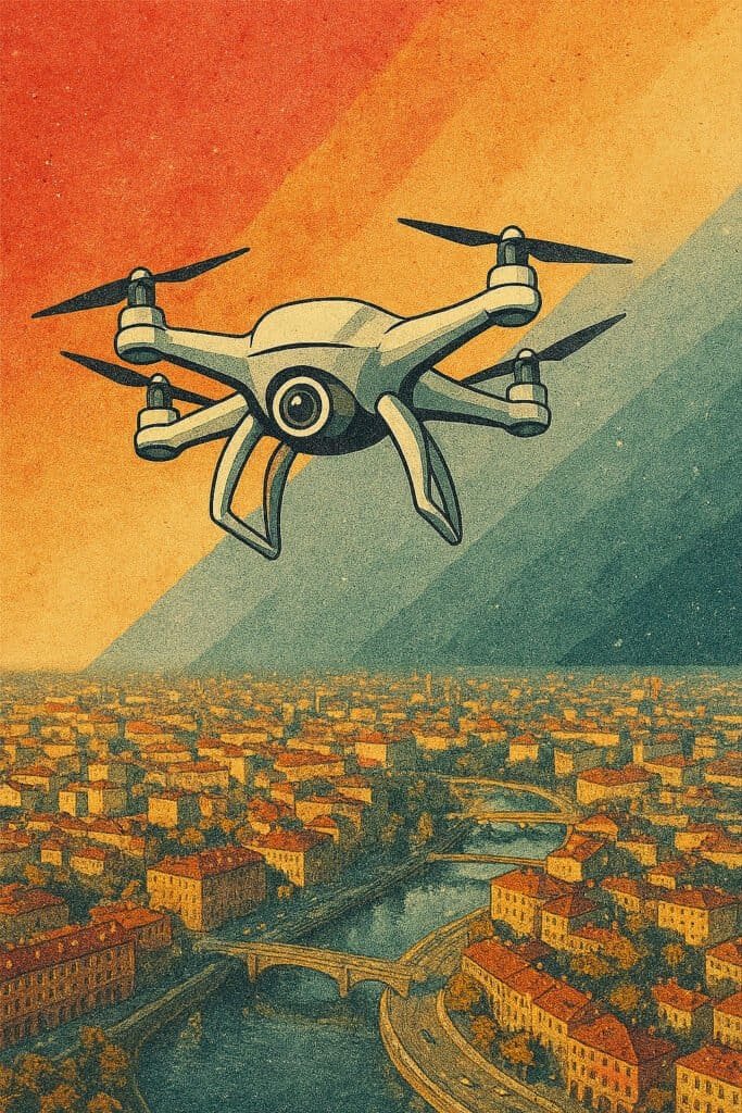 Drone vola su città vintage stilizzata