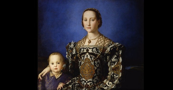 Ritratto storico di Eleonora da Toledo e bambino in abiti eleganti