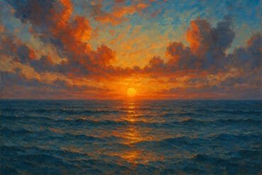 Tramonto dipinto sull'oceano con nuvole arancioni