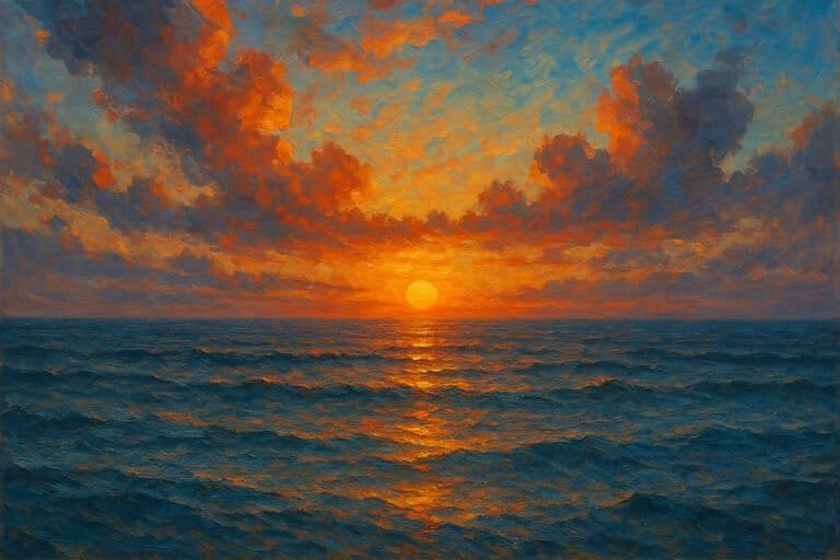 Tramonto dipinto sull'oceano con nuvole arancioni
