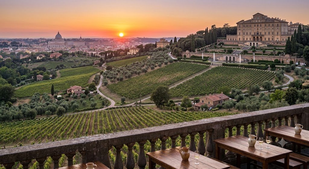 Tramonto su vigneti romani e cupola di San Pietro