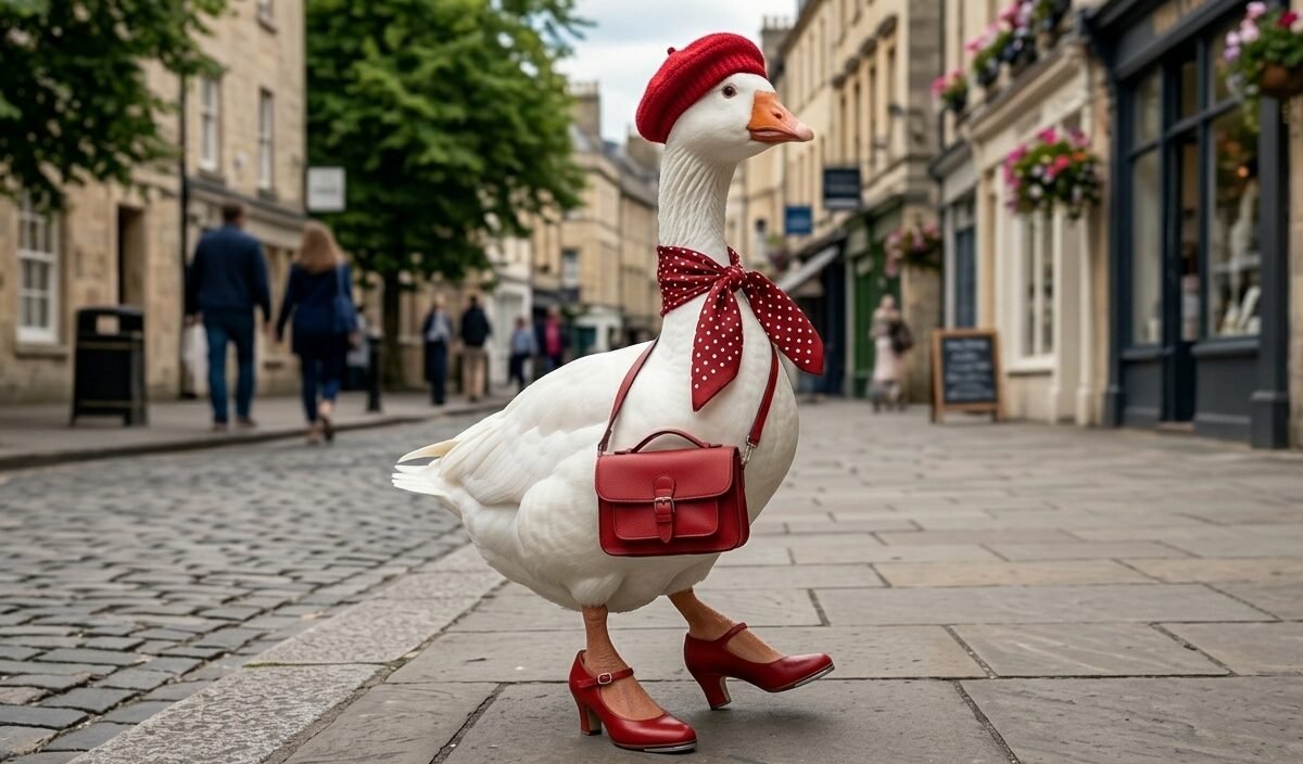 Oca elegante con berretto rosso cammina in città