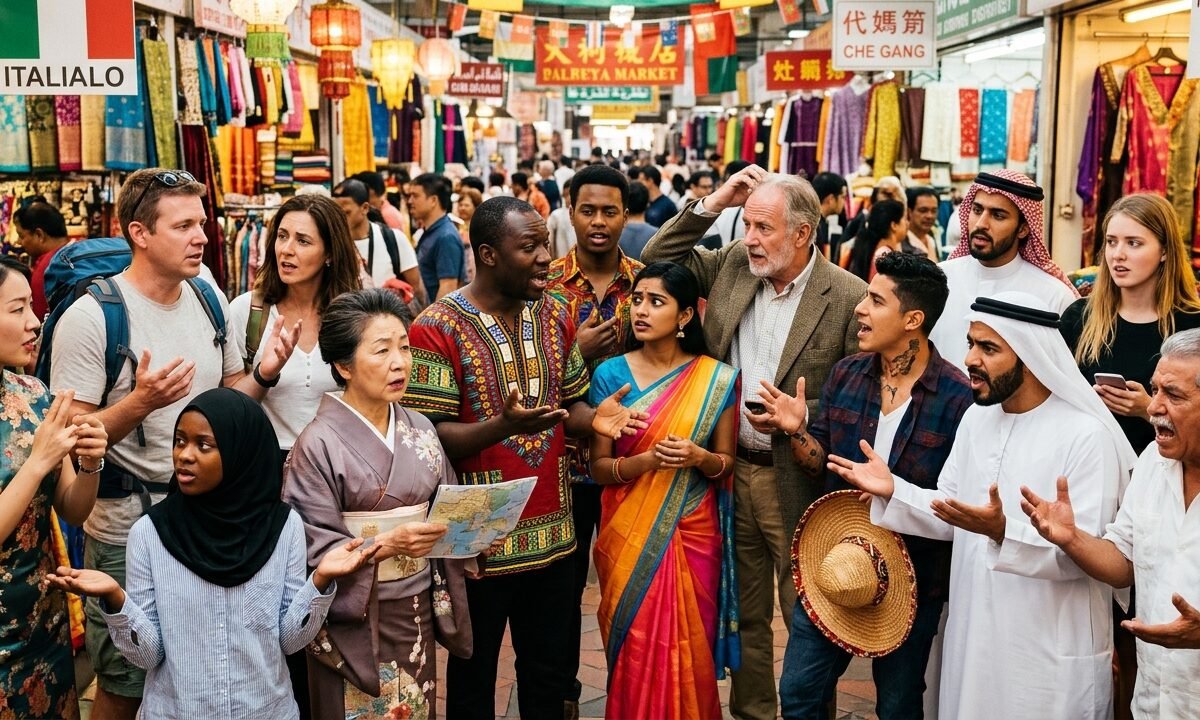 Folla multiculturale discute in un vivace mercato tessile