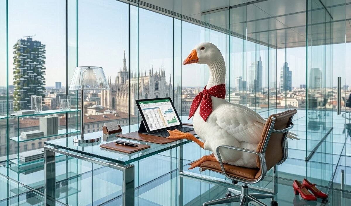 Oca con foulard lavora in ufficio panoramico a Milano