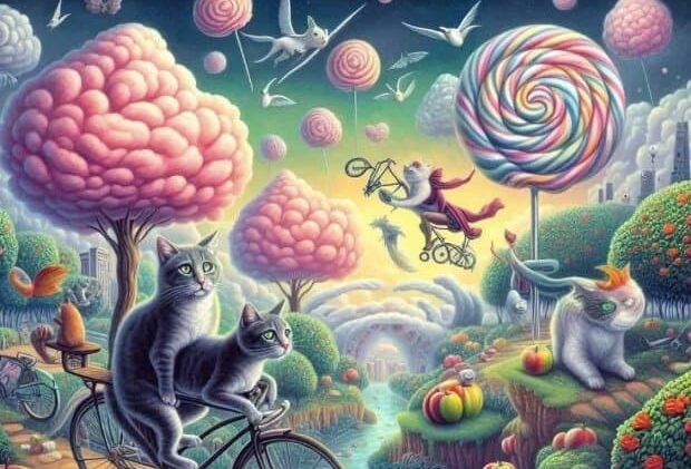 Illustrazione surreale con gatti, alberi e dolci giganti