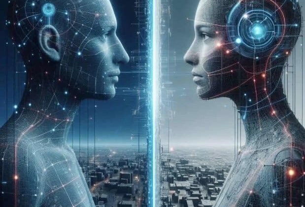 Due androide futuristici si fronteggiano in città al tramonto