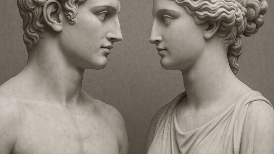 Scultura di uomo e donna in marmo, stile classico