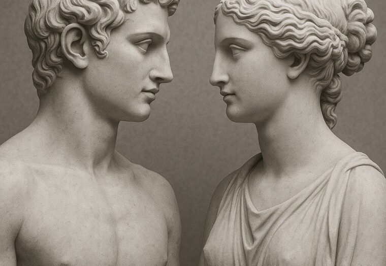 Scultura di uomo e donna in marmo, stile classico
