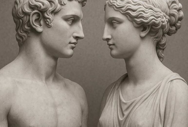 Scultura di uomo e donna in marmo, stile classico