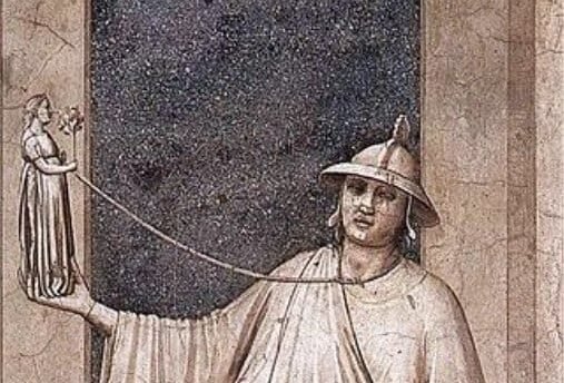 Screenshot Affresco medievale con figura che regge una corda