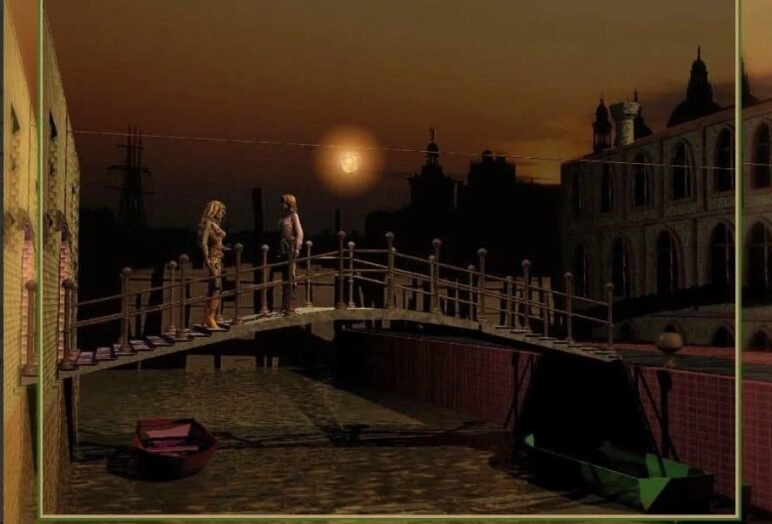 Ponte e personaggi in ambiente stilizzato al tramonto