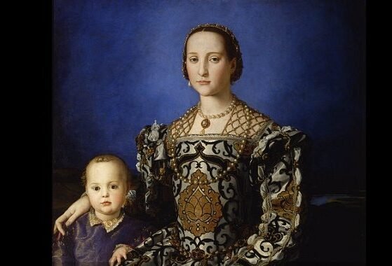 Ritratto storico di Eleonora da Toledo e bambino in abiti eleganti {{brizy_dc_image_alt entityId=
