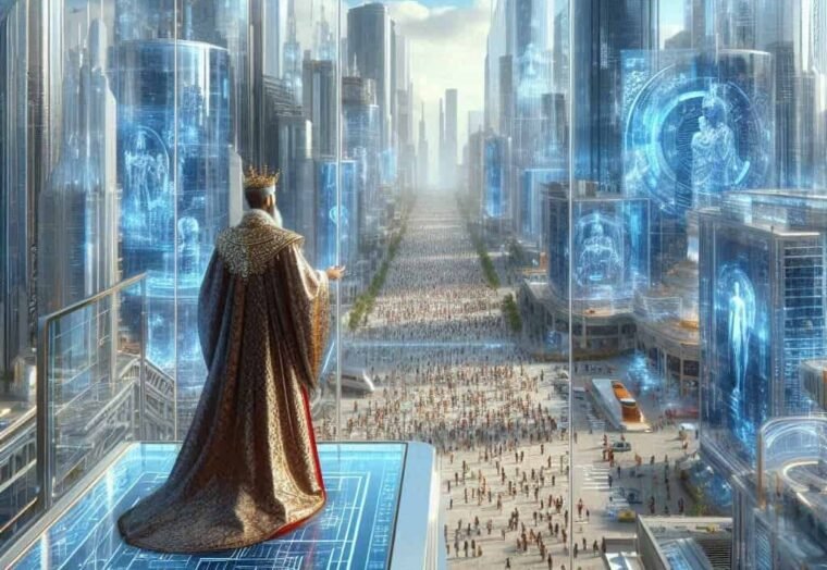Re domina città futuristica con folla immensa