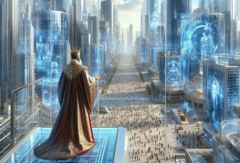 Re domina città futuristica con folla immensa