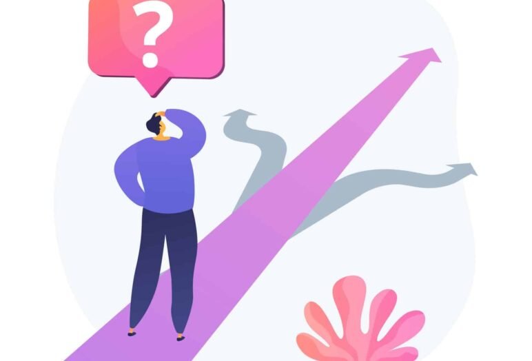 Un uomo indeciso si ferma davanti a un bivio di strade che si diramano. Un fumetto con un punto interrogativo incombe su di lui. {{brizy_dc_image_alt entityId=