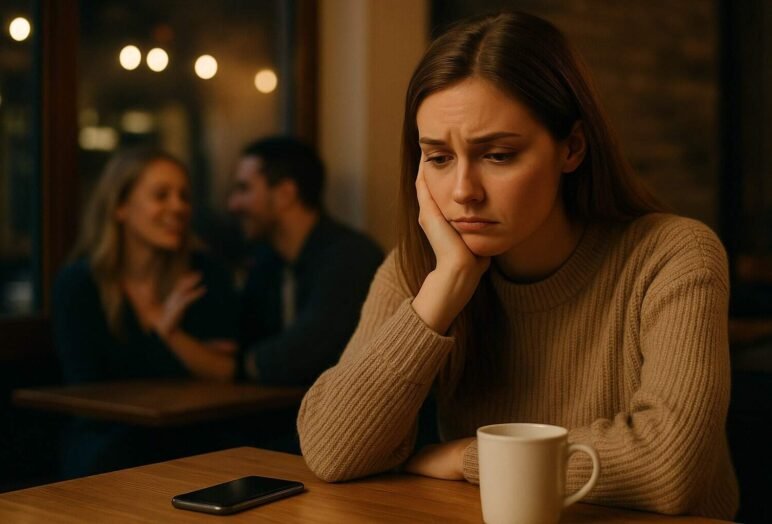 Donna triste al caffè con coppia sfocata sullo sfondo