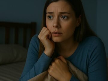 Donna preoccupata seduta sul letto di notte