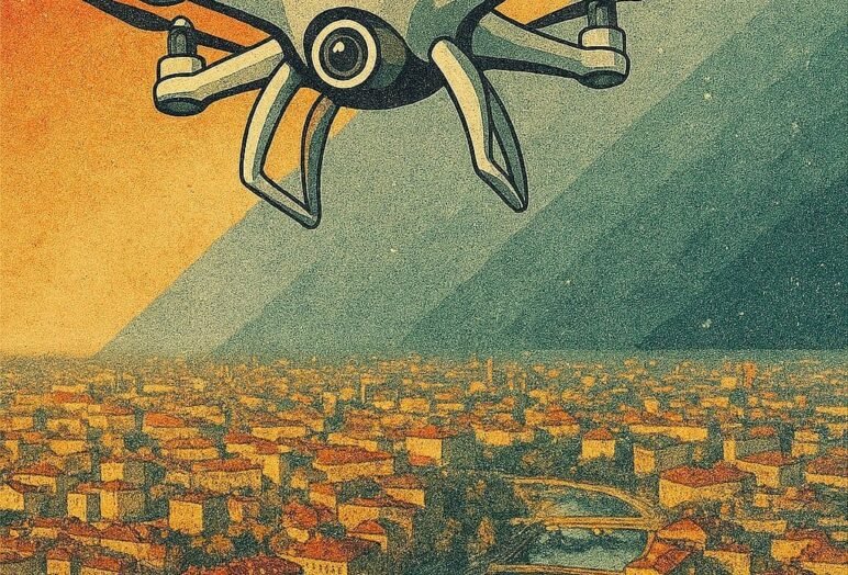 Drone vola su città vintage stilizzata
