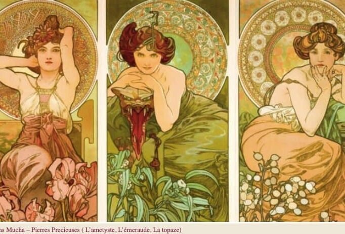 Tre poster vintage di Alfons Mucha, serie 'Pierres Precieuses'.