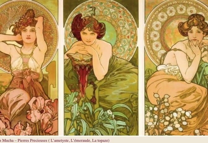 Tre poster vintage di Alfons Mucha, serie 'Pierres Precieuses'.