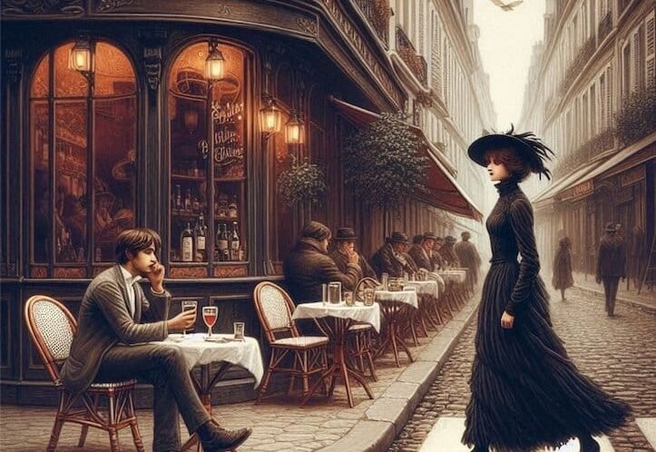Donna elegante in strada parigina storica con caffè