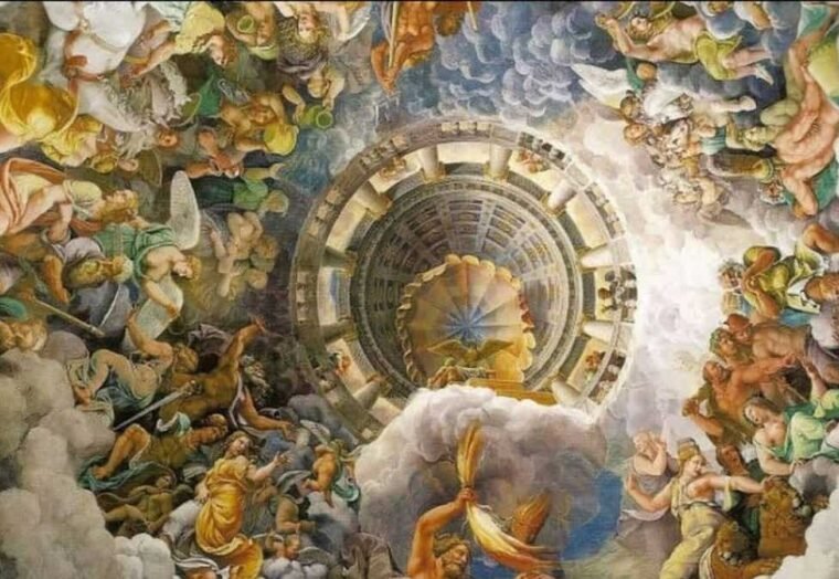 Affresco con angeli e nuvole attorno a struttura celeste