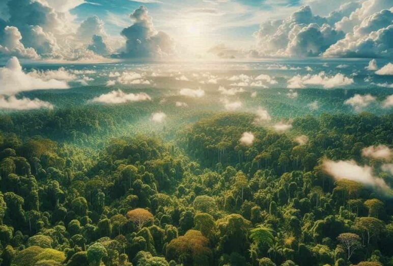 Foresta lussureggiante con cielo nuvoloso al tramonto