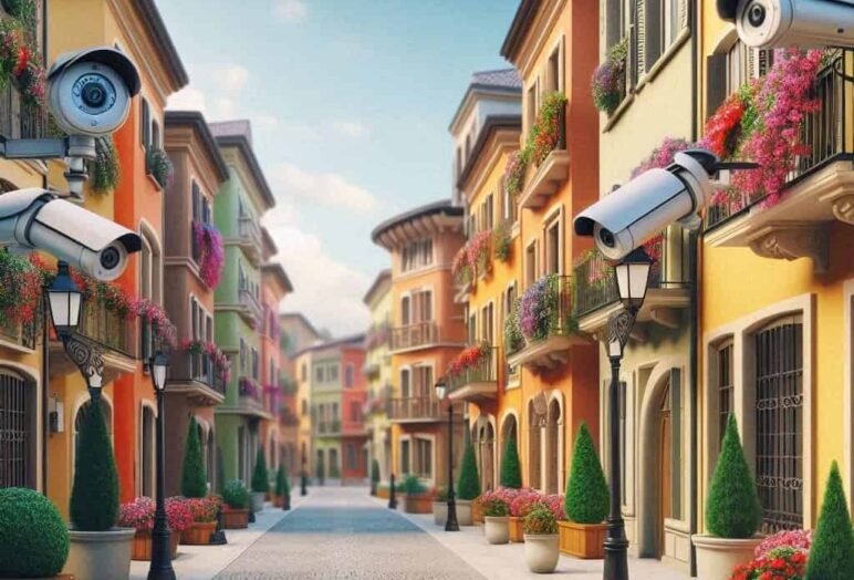 Strada italiana colorata con telecamere di sorveglianza