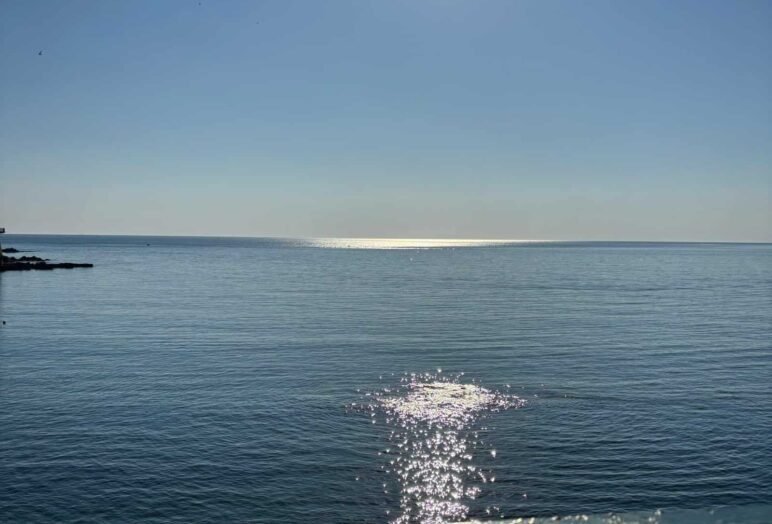 Sole riflette sul mare con ringhiera in primo piano